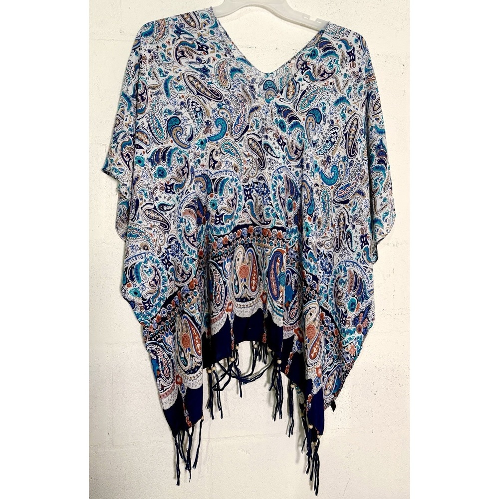 Boho hippy kimono style festival top paisley fringe Wood Beads One Size